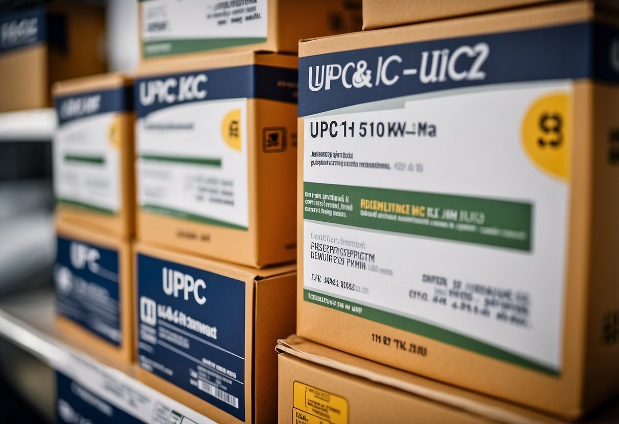 A stack of product boxes labeled "UPC Shower Faucet" with a list of FAQs printed on the side