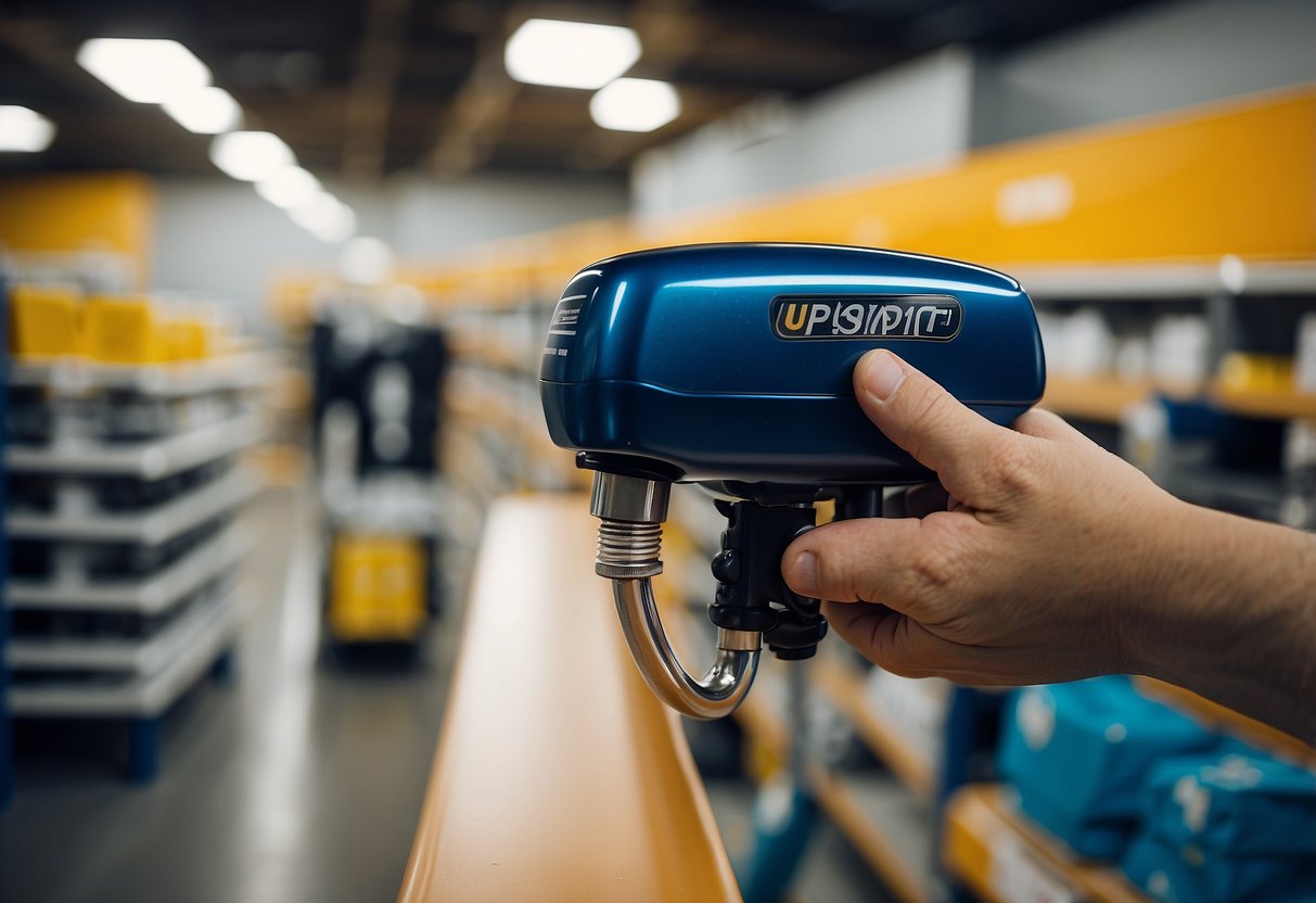 A hand reaches for a UPC shower faucet box on a hardware store shelf