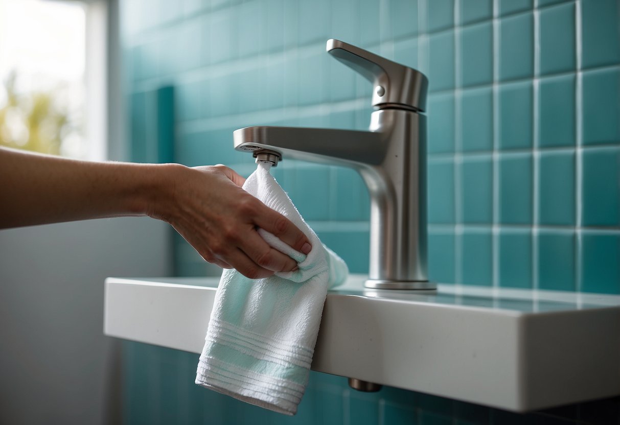 A hand reaches for a stack of eco-friendly Bamboora Paper Cloth Towels next to a modern upcycled shower faucet