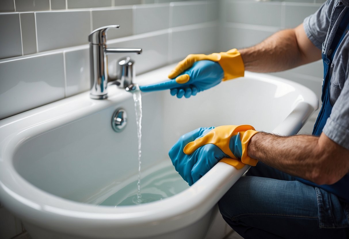 A plumber seals off the bathtub overflow with silicone caulk