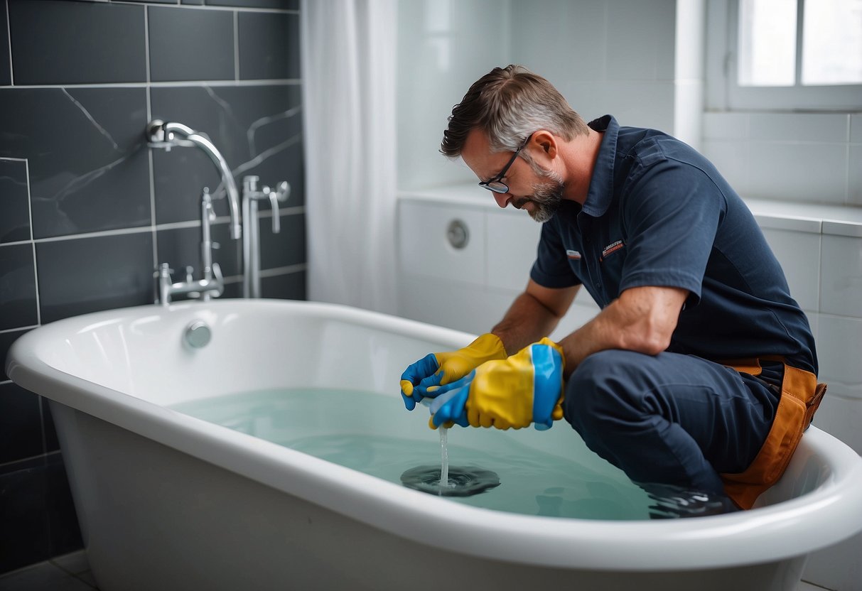 A plumber applies silicone sealant around the bathtub overflow, ensuring a tight and waterproof seal