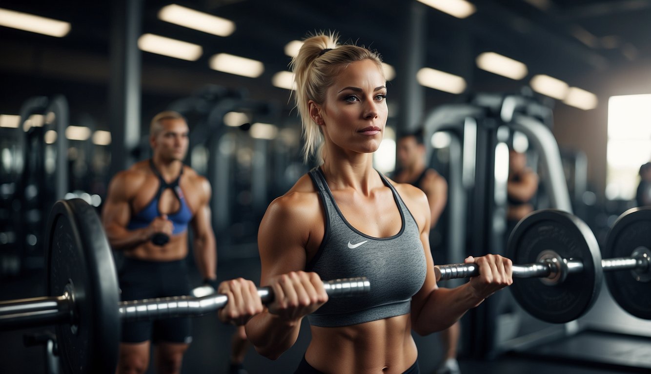 Athletes lifting weights in a gym. Dumbbells, barbells, and weight machines are visible. Sweat and determination are evident on their faces