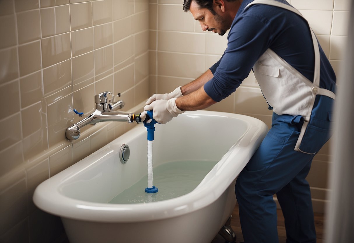 A plumber sealing a bathtub overflow with silicone caulk