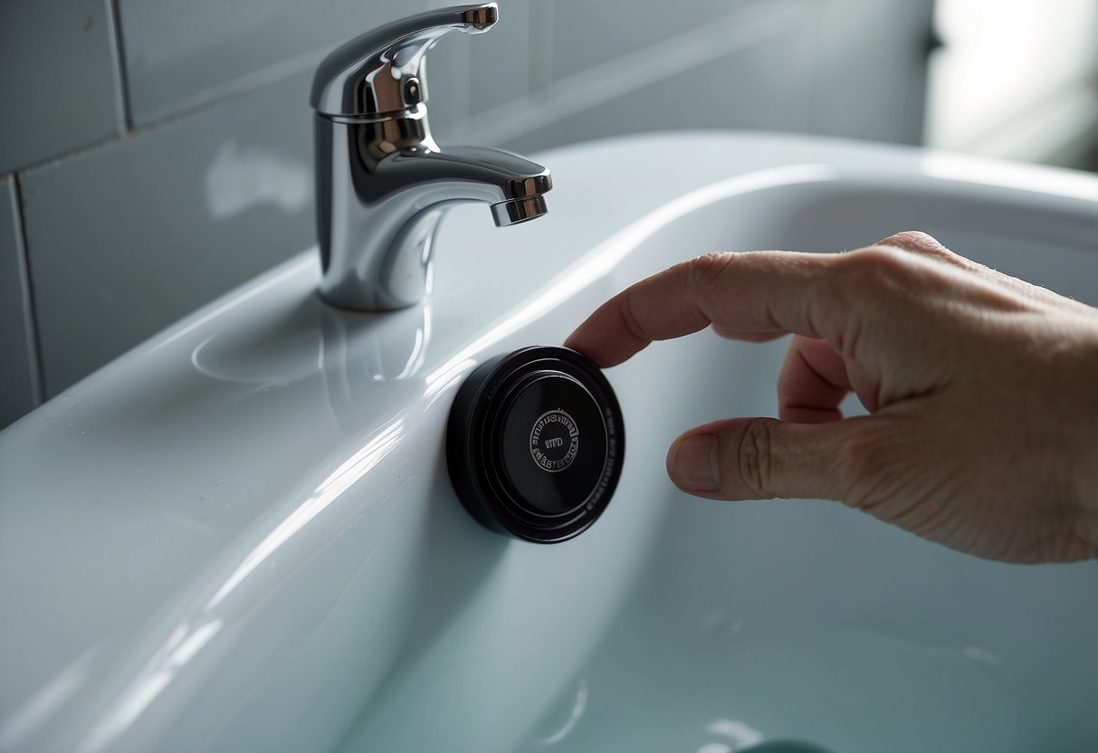 A hand reaches for a rubber stopper, placing it over the bathtub overflow drain to seal it off