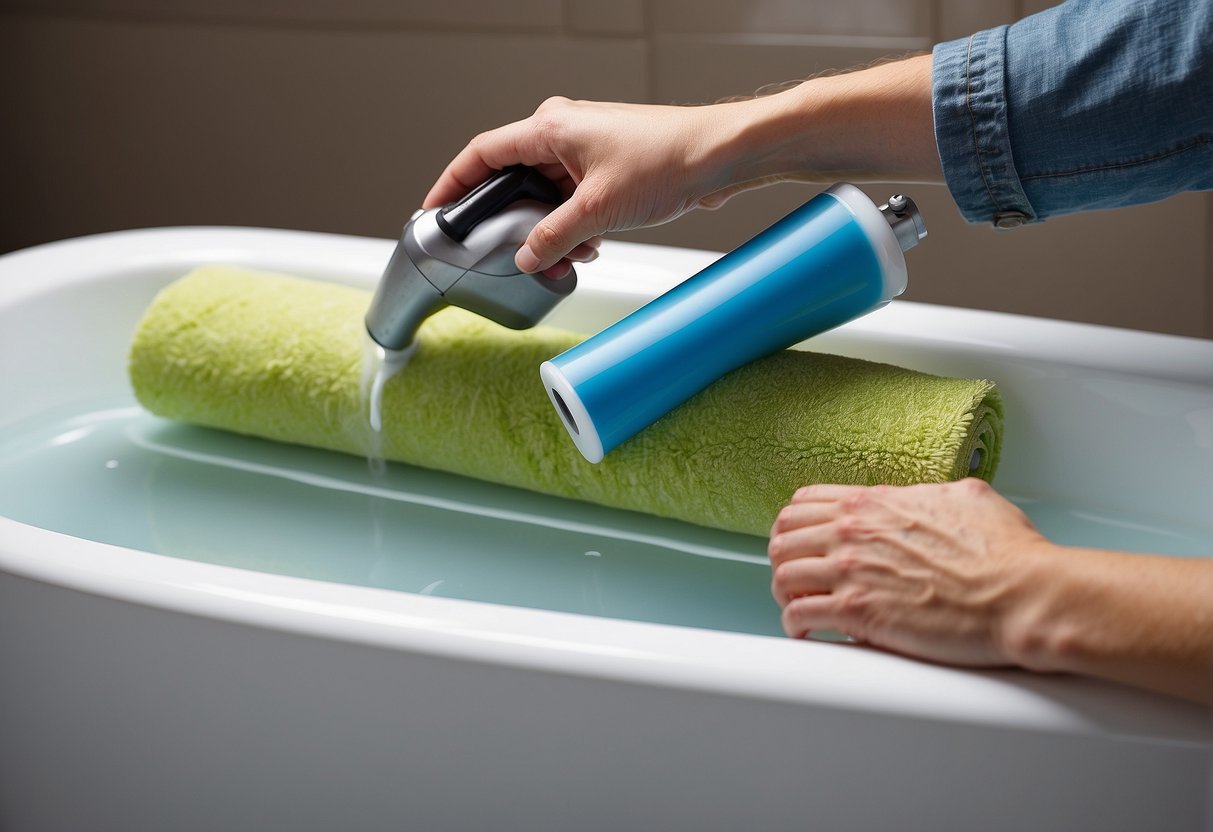 A hand reaches for a roll of Reusable Bamboora Paper Cloth Towels, while a bathtub overflow is being sealed off with a silicone caulking gun