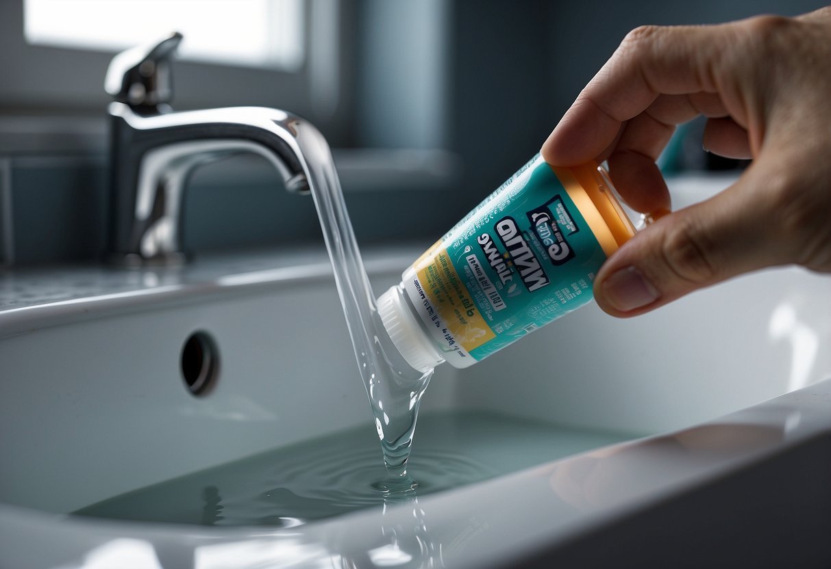 A hand holding a tube of waterproof sealant, applying it around the bathtub overflow drain to create a tight seal