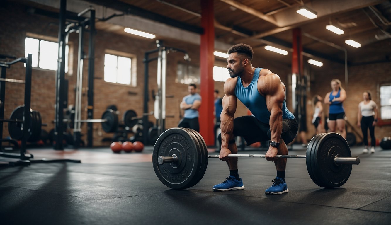 A weightlifting gym with various equipment and free weights, a track with sprinters, and a basketball court with players engaged in intense games