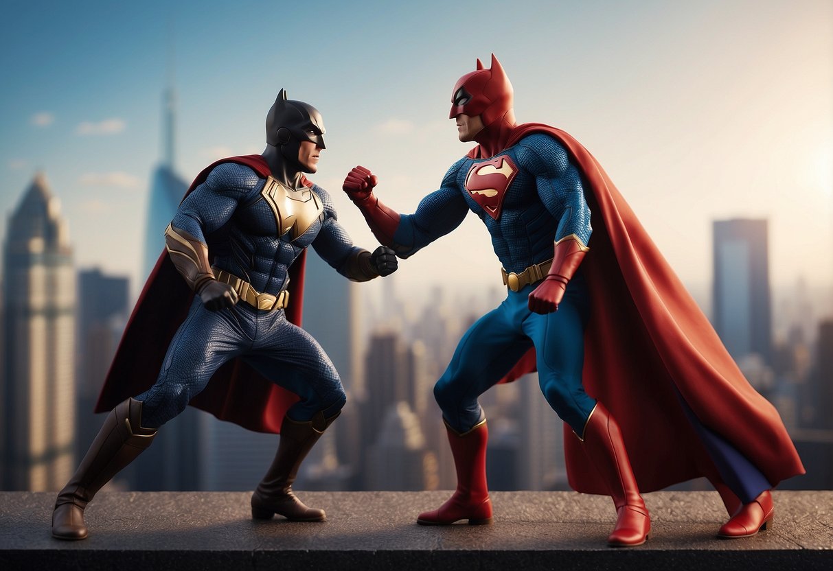 Two superheroes clash in a city skyline, with Bow Pex and Superpex facing off in a dramatic showdown