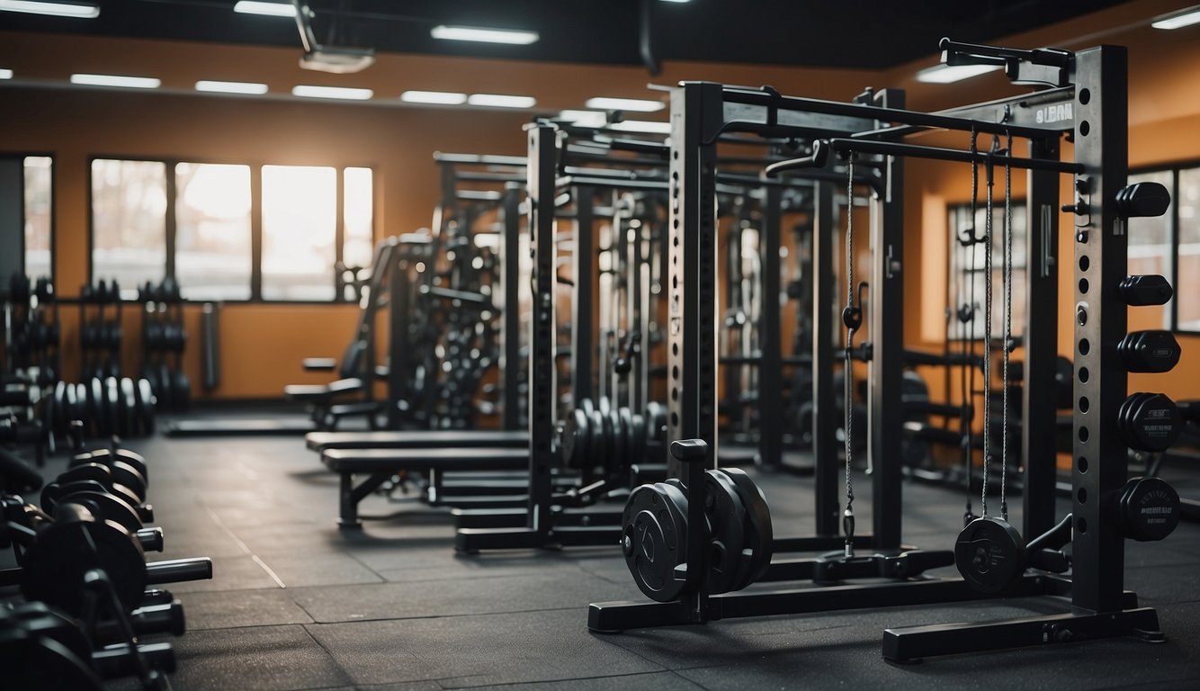 A weight rack surrounded by gym equipment, with motivational posters on the walls and a focused atmosphere