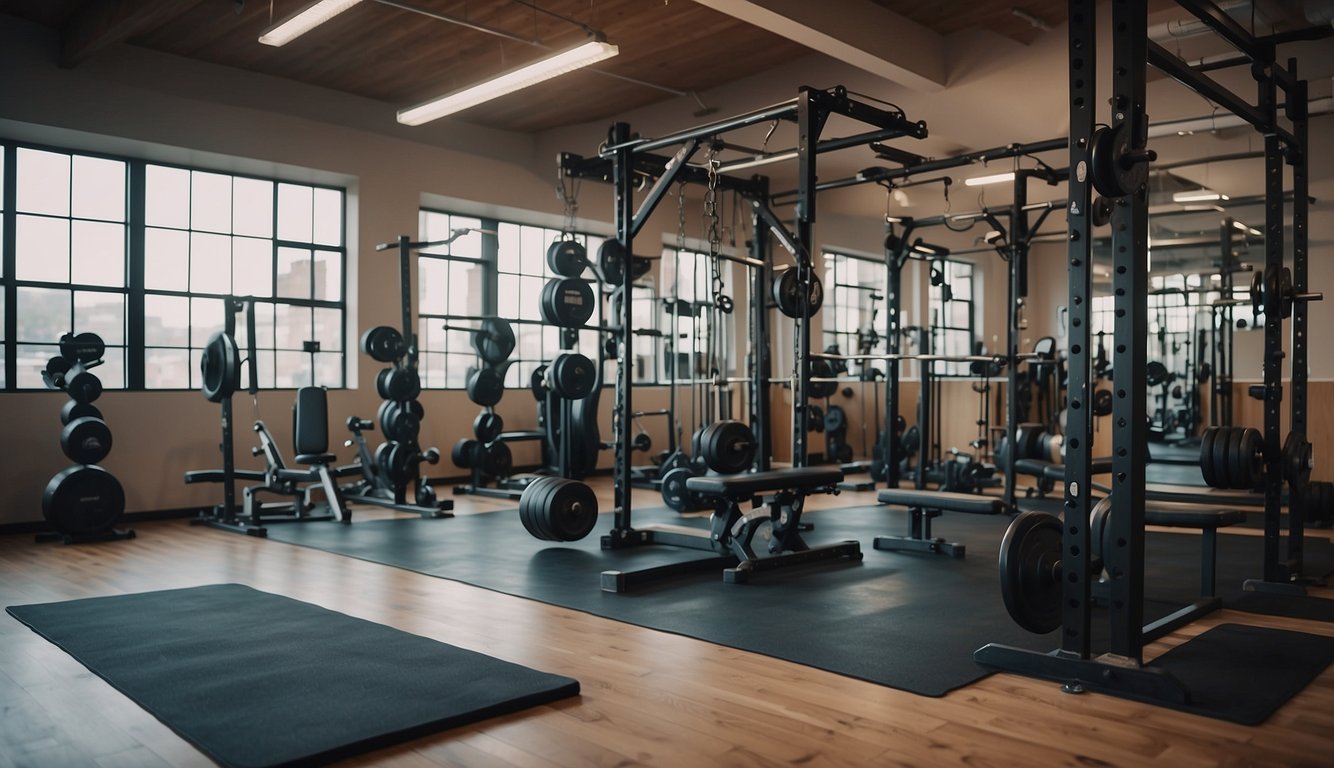 A weightlifting gym with various equipment, including barbells, dumbbells, and weight machines. A poster on the wall displays a chart for tracking progress