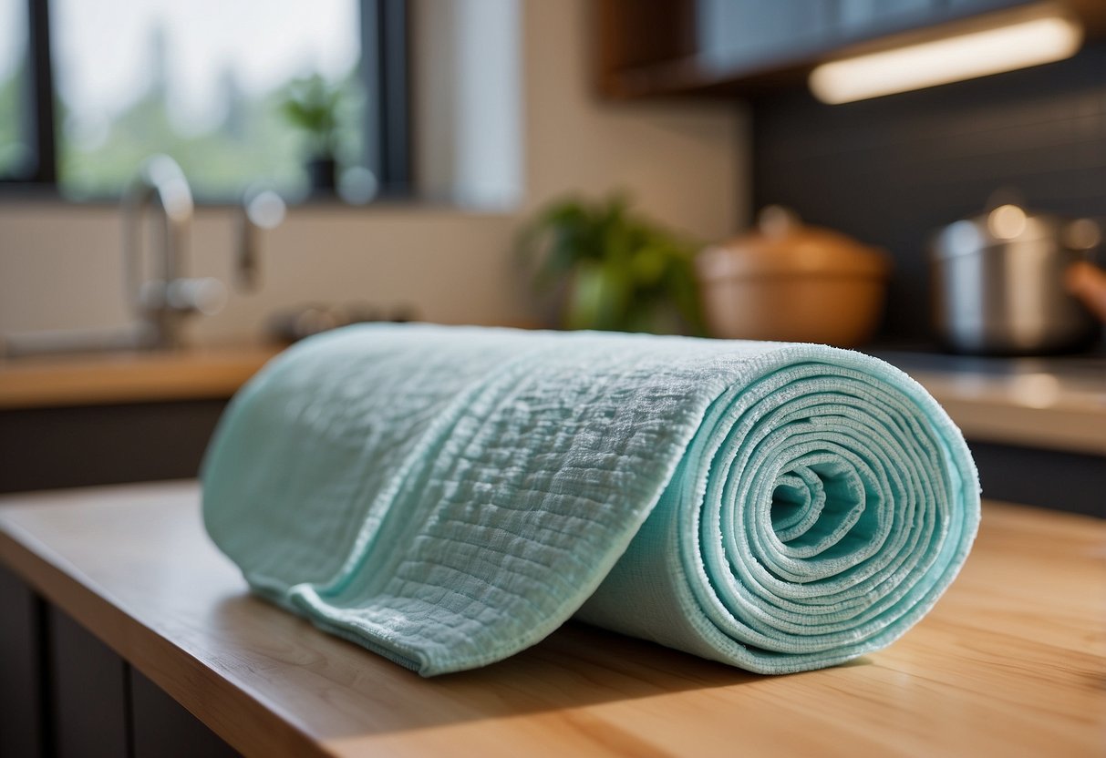 A stack of Reusable Bamboora Paper Cloth Towels sits on a kitchen counter, next to a roll of pex vs superpex