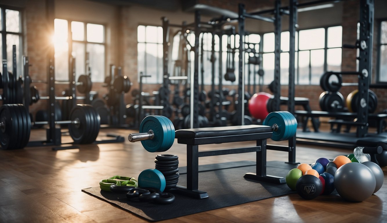 A weightlifting bench surrounded by dumbbells, barbells, kettlebells, resistance bands, and a medicine ball. An exercise mat and a water bottle are also present