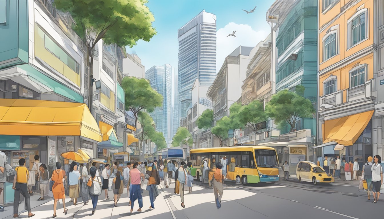 A bustling street near Commonwealth, Singapore, with a prominent sign for the best licensed money lender, surrounded by diverse shops and busy pedestrians