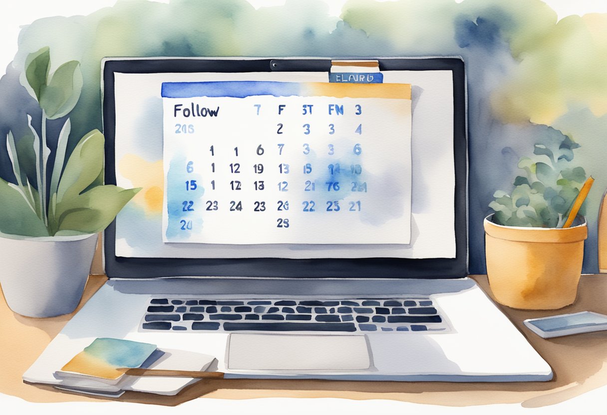 An email being sent with a calendar in the background showing a follow-up date