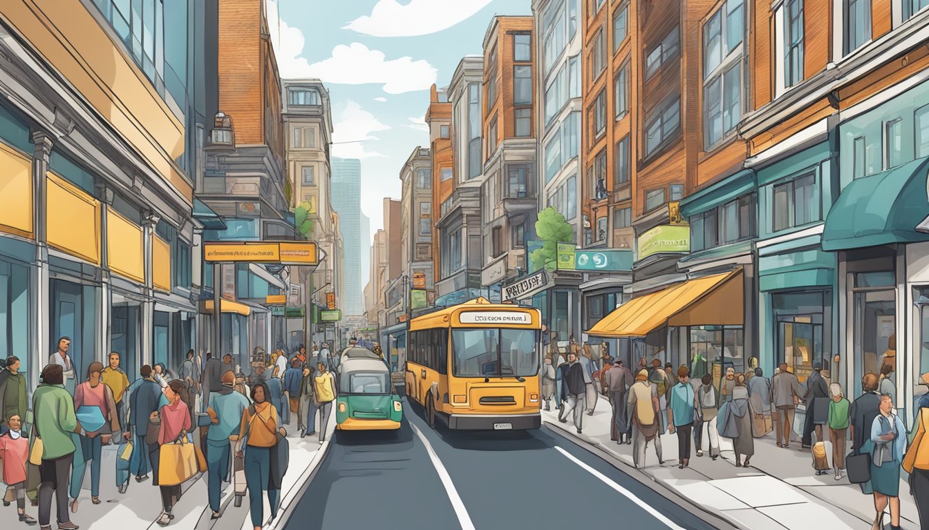 A bustling street near Commonwealth with a prominent sign for a licensed money lender, surrounded by diverse businesses and busy foot traffic