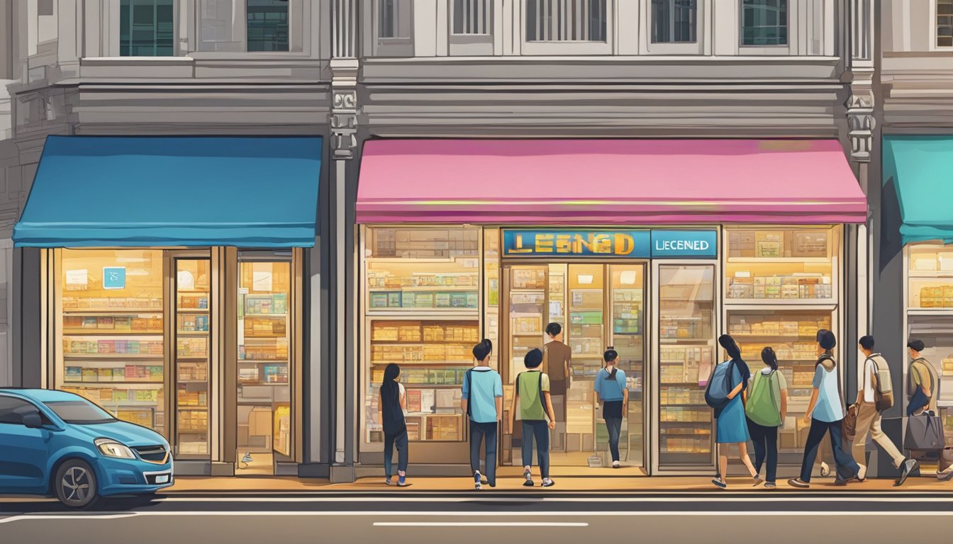 A bright storefront with a prominent sign reading "Licensed Money Lender" stands on a bustling street in Commonwealth, Singapore. A steady stream of customers enters and exits, indicating trustworthiness