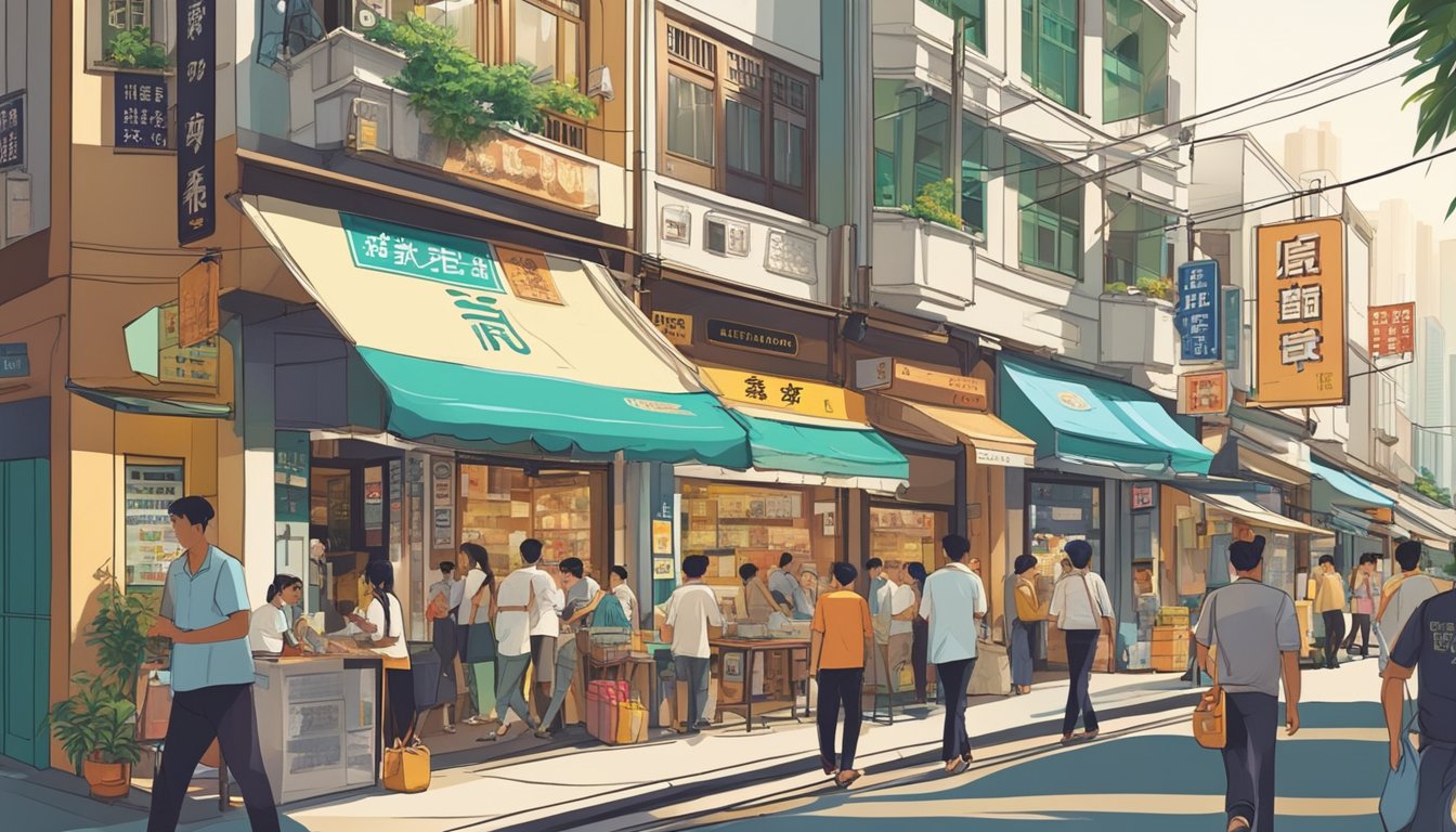 A bustling street in Tan Kah Kee, Singapore. Brightly lit storefronts with "Licensed Money Lender" signs. People entering and exiting the establishments