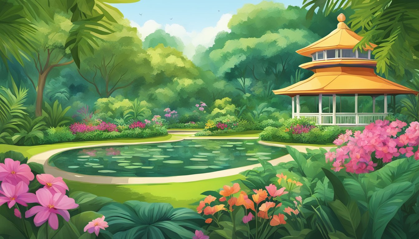 A lush botanical garden with a prominent sign for the "Best Licensed Money Lender" in Botanic Gardens, Singapore. The garden is filled with vibrant flora and a serene atmosphere