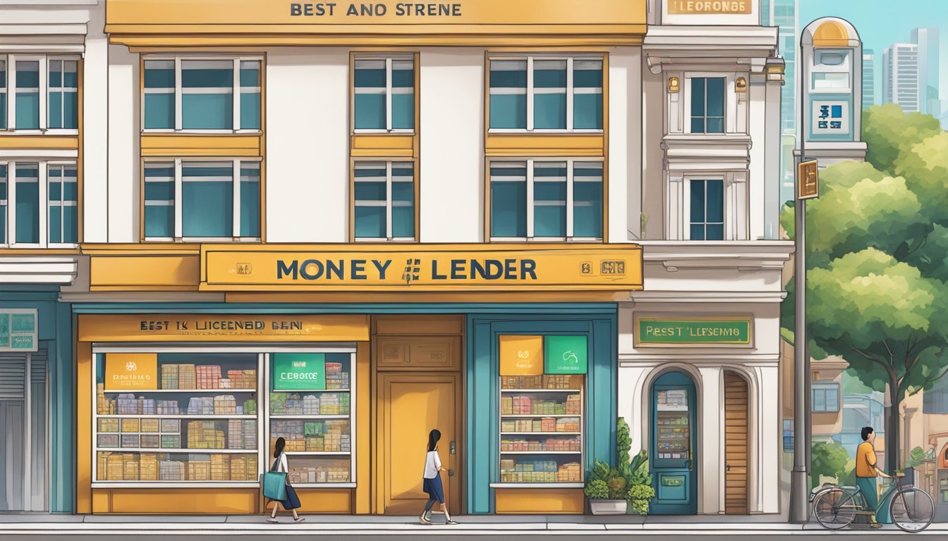 A storefront sign reads "Best Licensed Money Lender Near Stevens Singapore." Surrounding buildings and a bustling street complete the scene