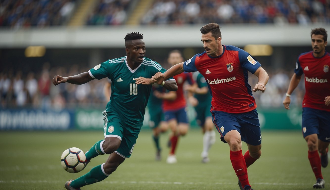 Players in red and blue jerseys clash on a green soccer field. The ball flies through the air as two teams compete in a match