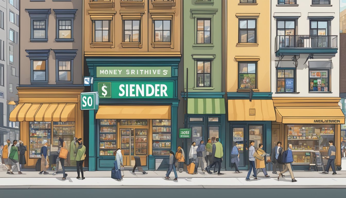 A bustling street near Sixth Avenue with a prominent licensed money lender sign, surrounded by various shops and businesses