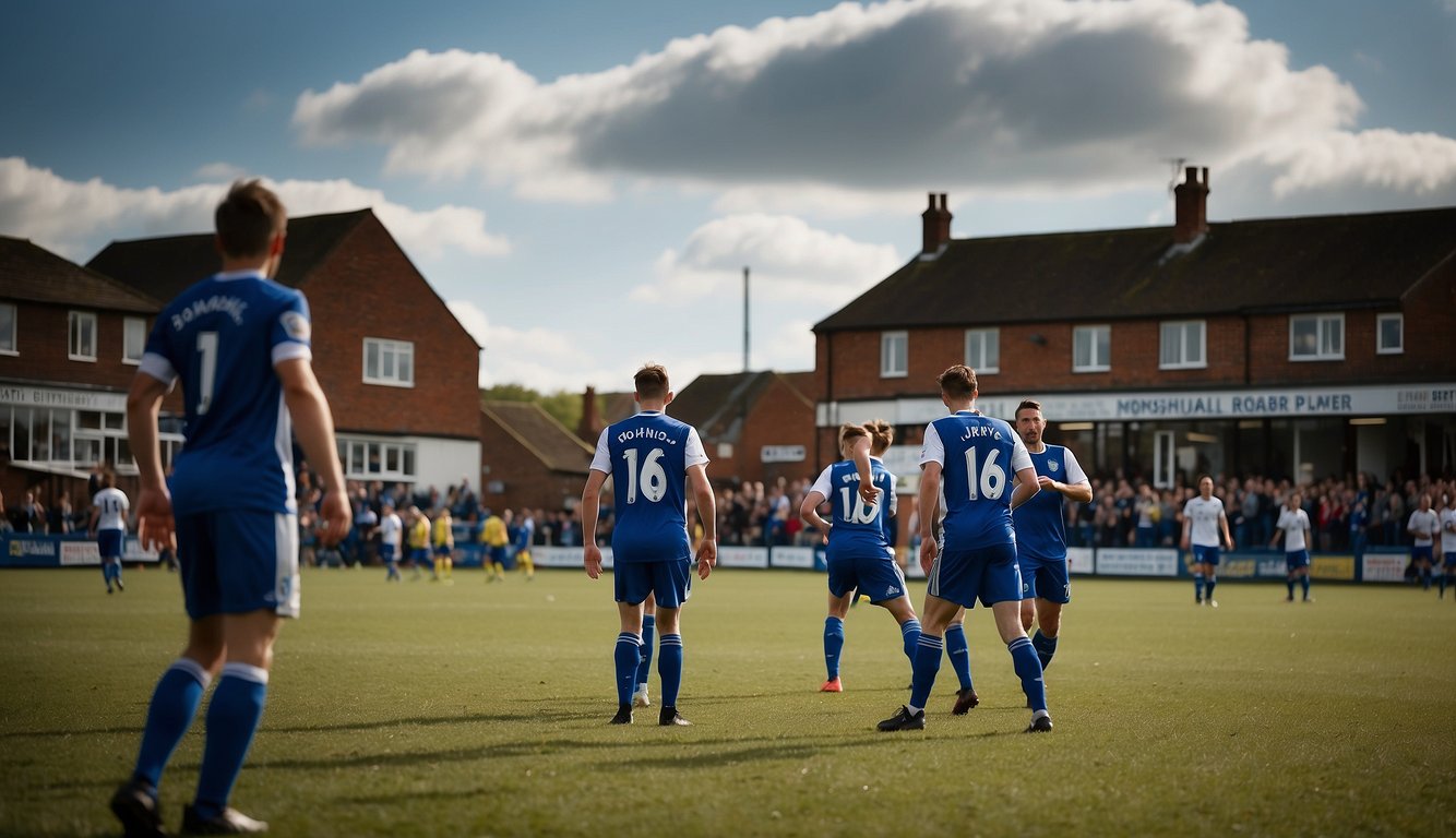 Hullbridge Sports and Bury Town players face off on the soccer field, surrounded by cheering fans and a backdrop of the town's historic buildings