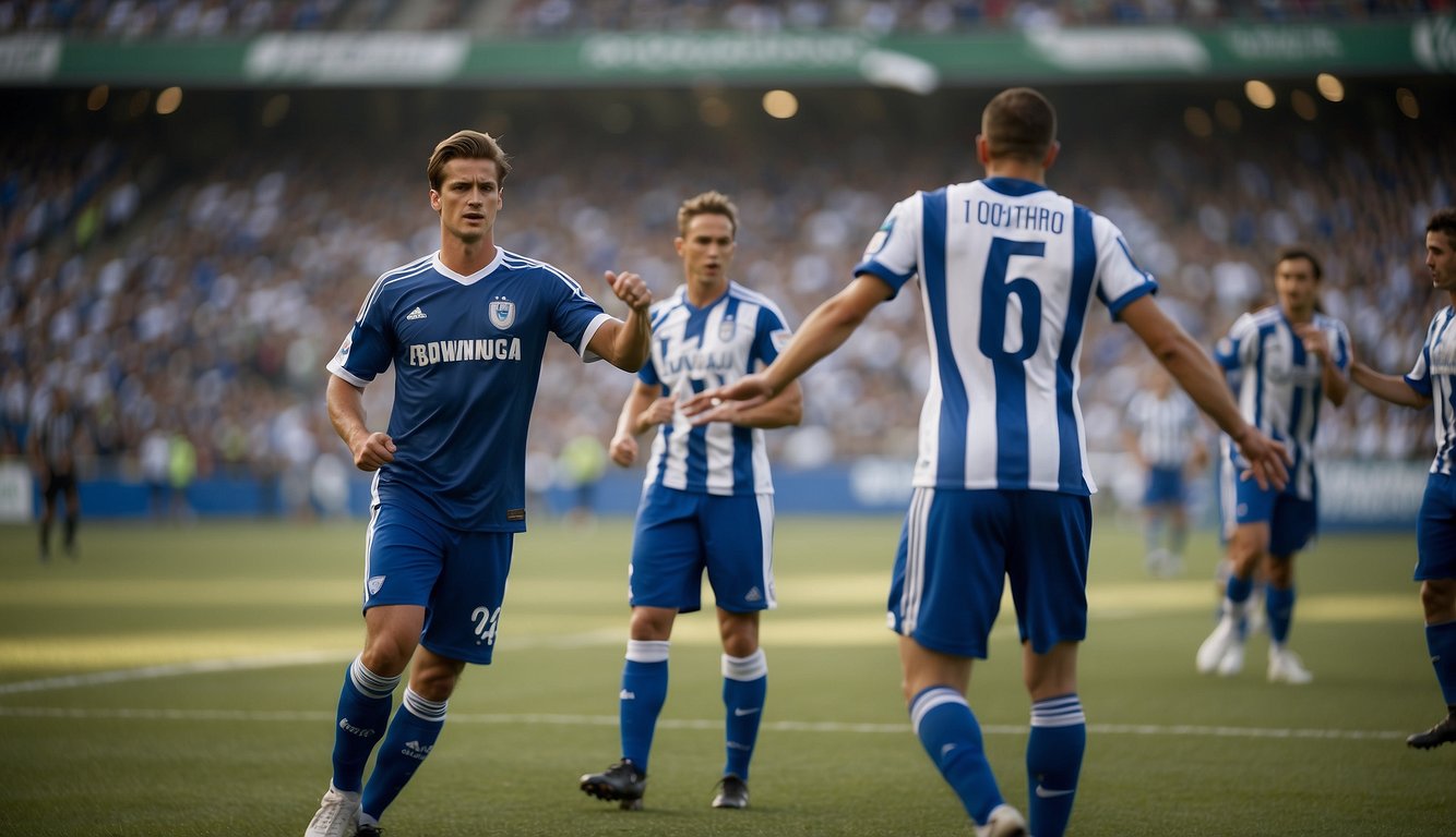 Players in blue and white jerseys face off on a green soccer field, surrounded by cheering fans in the stands