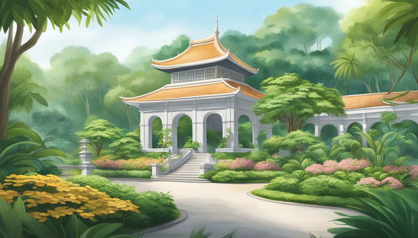 A serene botanical garden setting with lush greenery and a peaceful ambiance, showcasing a prominent licensed money lender's office in Botanic Gardens, Singapore