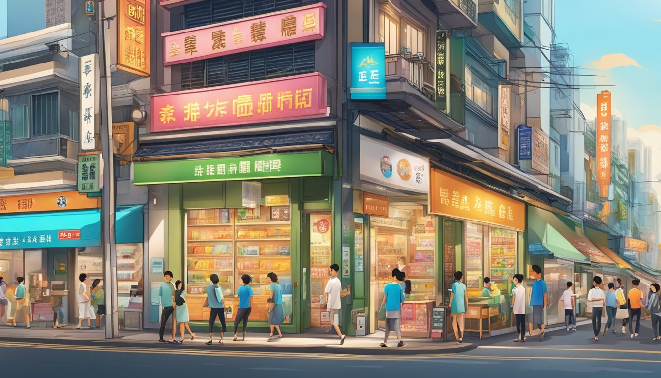 A bustling street in Tan Kah Kee, with a prominent licensed money lender's storefront. Bright signage and a steady flow of customers