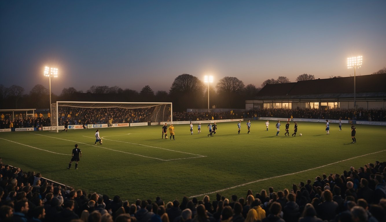 A soccer match at dusk, floodlights illuminating the field as players from Hullbridge Sports and Bury Town face off. The crowd cheers from the stands