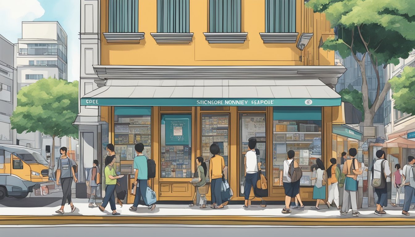 A bustling street near Sixth Avenue, Singapore. A sign for a licensed money lender hangs above a storefront. People walk by, some stopping to read the terms and conditions posted outside