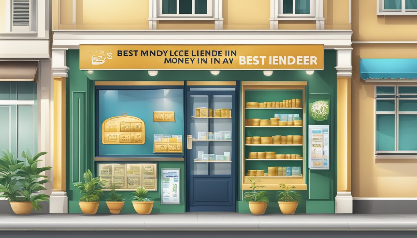 A signboard with the words "Best Licensed Money Lender In Tan Kah Kee, Singapore" prominently displayed. The storefront is clean and professional, with a reputable and trustworthy vibe