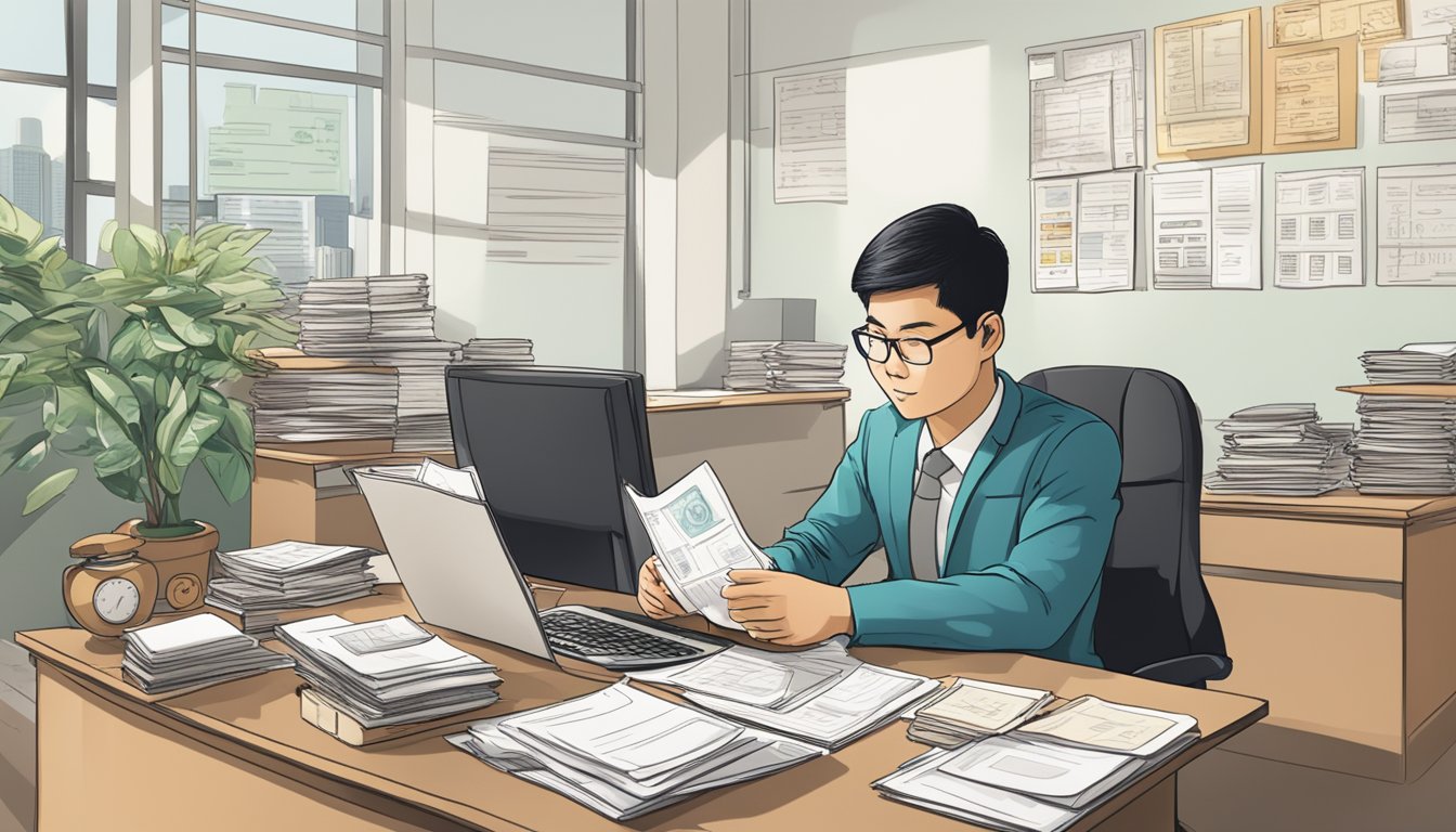 A person sitting at a desk, surrounded by paperwork and a calculator. A sign on the wall reads "Best Licensed Money Lender in Tan Kah Kee, Singapore."