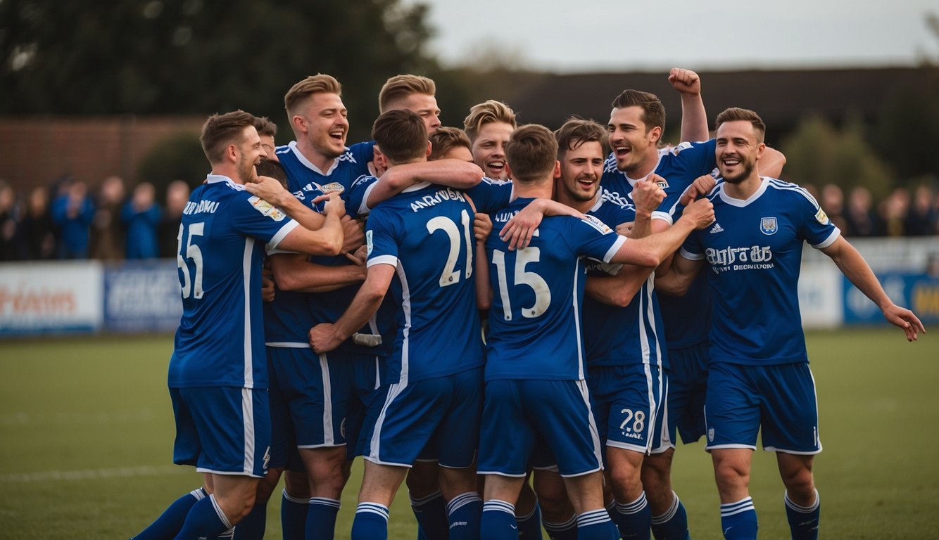 Hullbridge Sports celebrates a 2-1 victory over Bury Town, with players cheering and embracing on the field