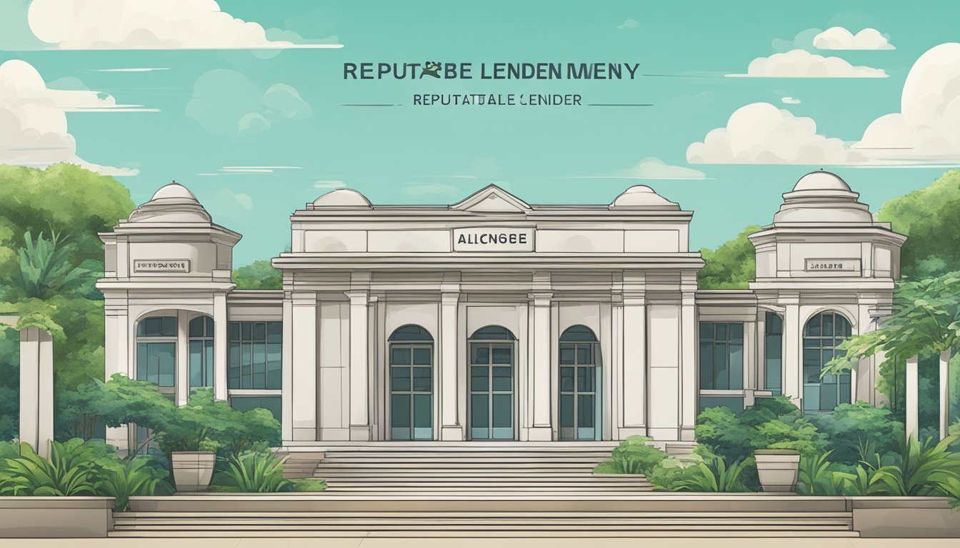 A signboard outside a pristine office building in Botanic Gardens, Singapore, displaying the words "Reputable Licensed Money Lender."