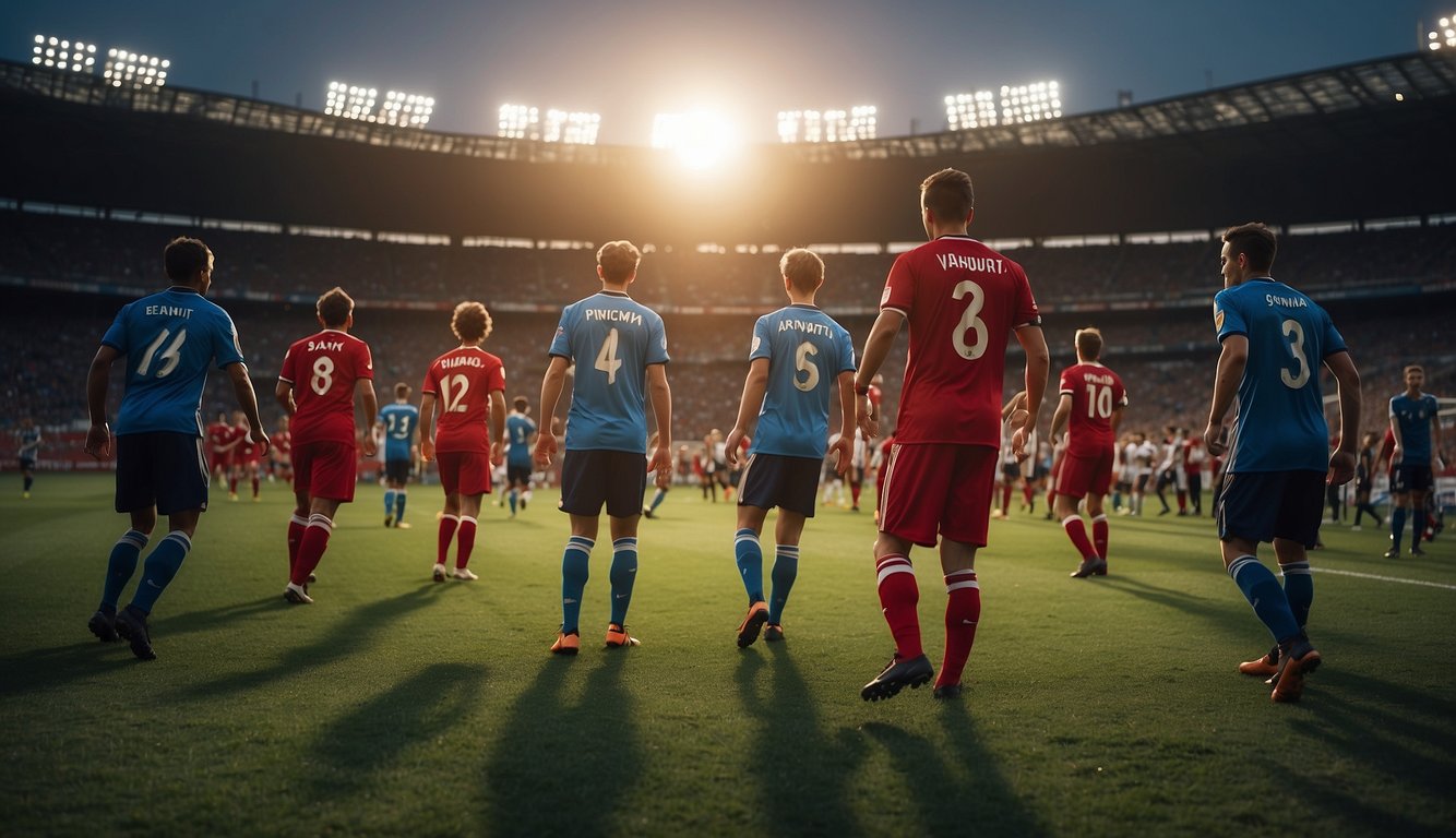 Players in red and blue jerseys clash on a green soccer field, surrounded by cheering fans. The sun sets behind the stadium, casting long shadows across the pitch