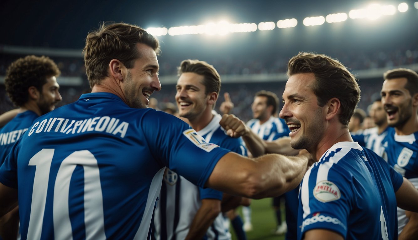 Players in blue and white jerseys clash on the soccer field under stadium lights, while fans cheer from the stands