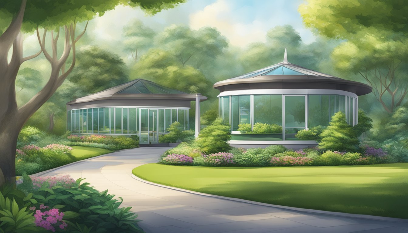 A serene botanical garden with lush greenery and a peaceful ambiance, showcasing a licensed money lender's office with clear signage and a professional atmosphere