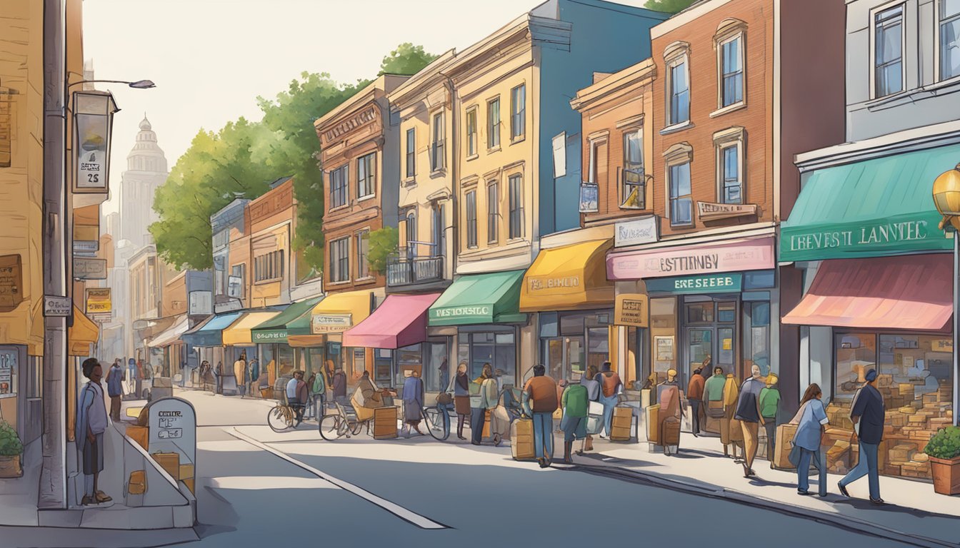 A bustling street near Stevens with vibrant signs of licensed money lenders, showcasing trust and reliability