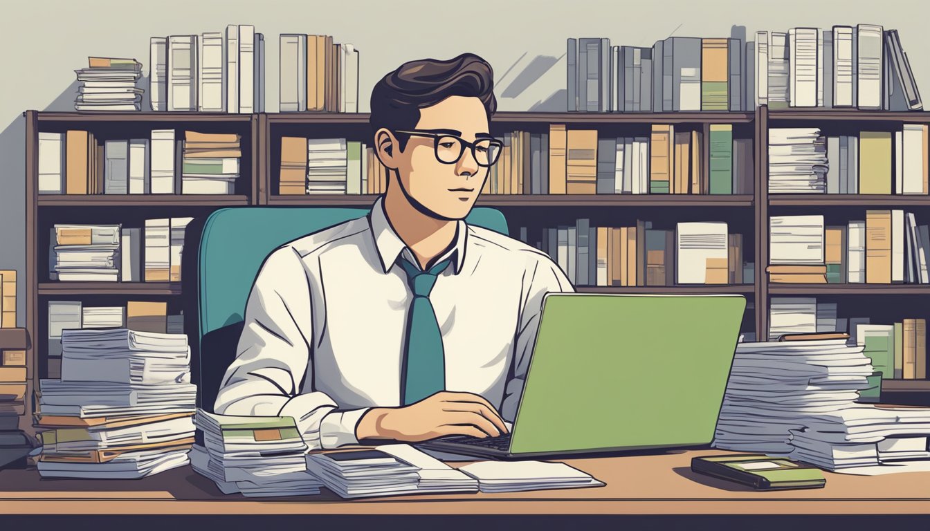 A person sitting at a desk, surrounded by documents and a laptop, pondering over various loan options from licensed money lenders in Stevens, Singapore