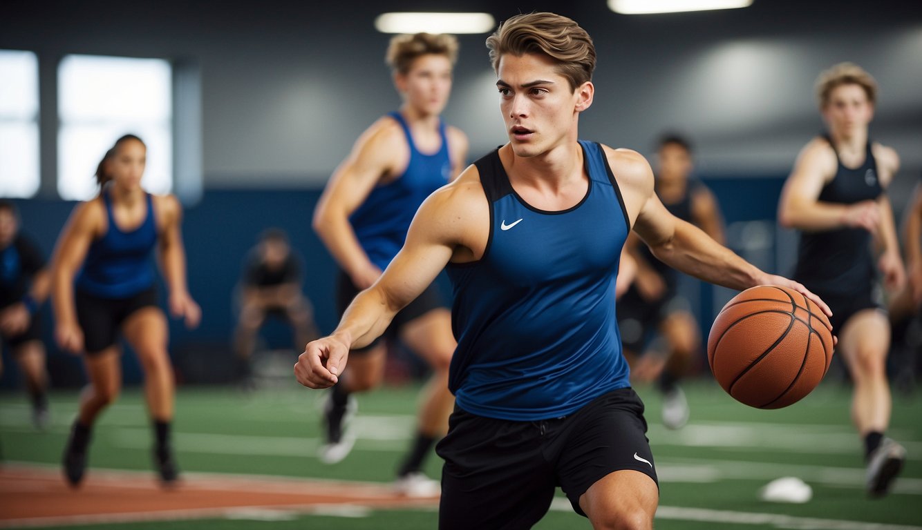 High school athletes training on basic equipment, while college athletes are seen using advanced training facilities and receiving coaching