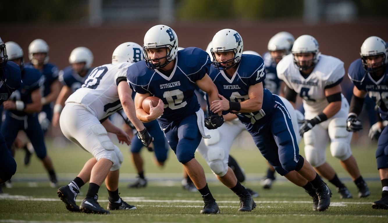 A high school football team faces off against a college team on a field, showcasing the contrast between youth and collegiate sports