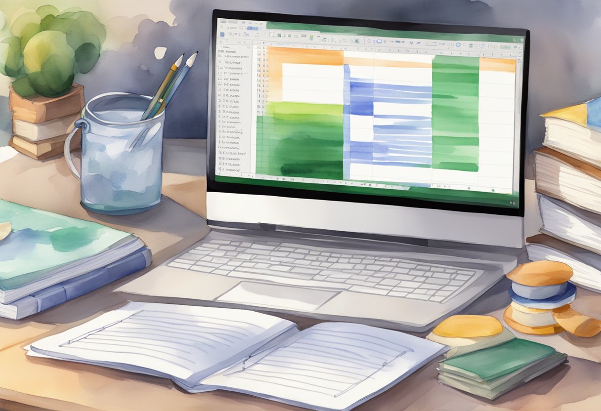 A computer screen showing an Excel VBA code with a PDF document open, surrounded by books and a notepad with handwritten notes