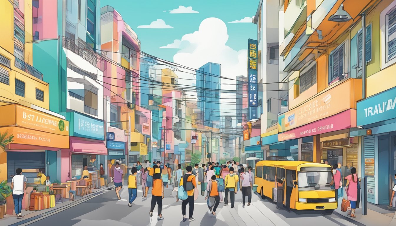 A bustling street in Rochor, Singapore, with a prominent sign reading "Best Licensed Money Lender." Colorful storefronts and diverse pedestrians add vibrancy to the scene