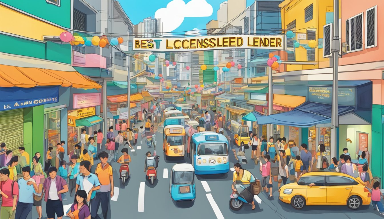 A bustling street in Dover, Singapore, with a prominent sign reading "Best Licensed Money Lender." Bright colors and busy foot traffic add to the lively atmosphere