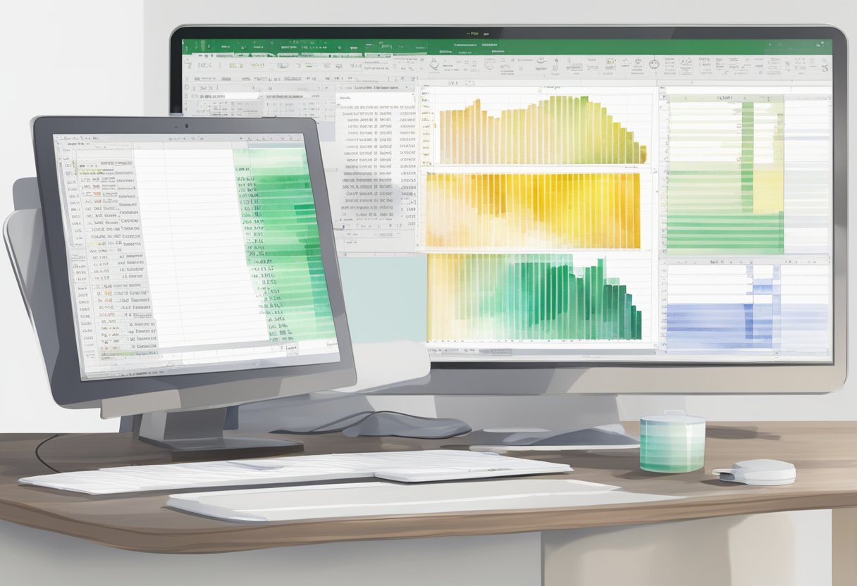 A computer screen displays an Excel spreadsheet with VBA code, while a PDF document is open next to it