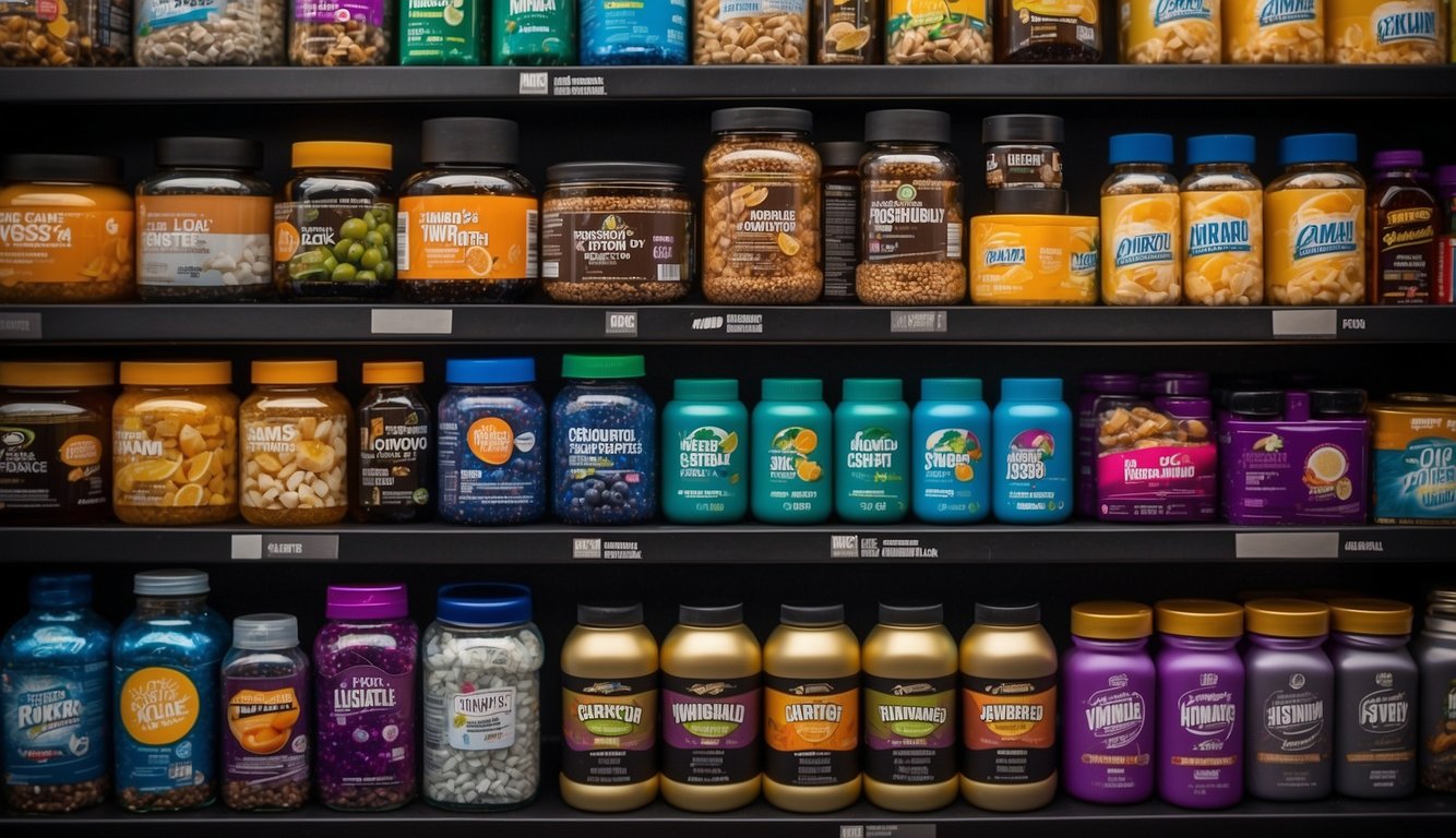 A colorful array of product packaging featuring "Sports vs Optimum Nutrition" logos arranged neatly on a display shelf