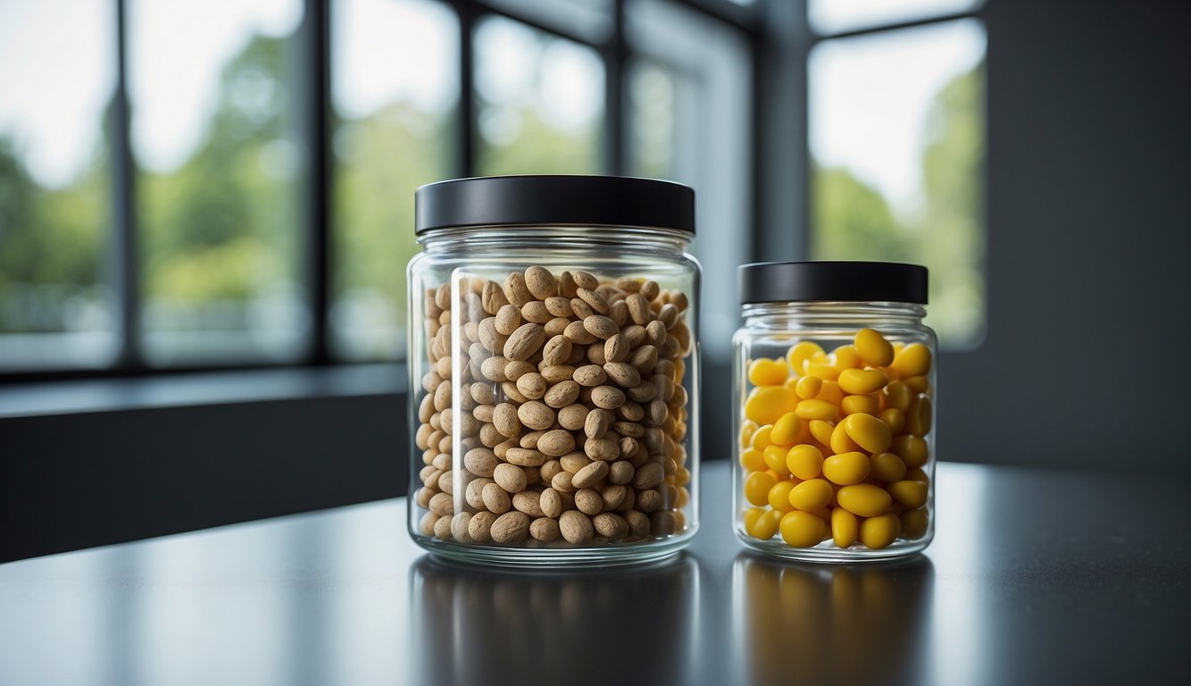 A clear glass jar of Ingredient Transparency stands beside a sleek container of Optimum Nutrition, both displaying their contents prominently