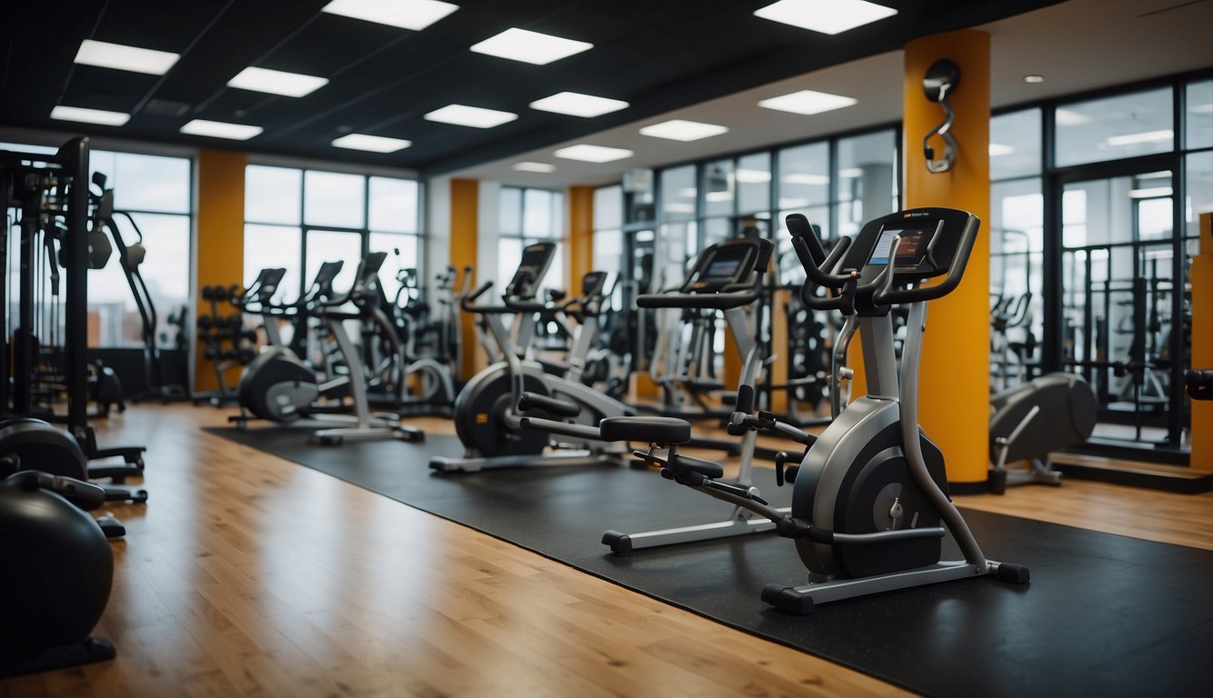 A vibrant gym setting with exercise equipment and shelves of nutritional supplements. The scene depicts a contrast between physical activity and dietary choices