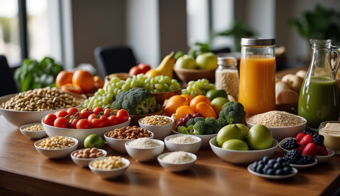 A table with healthy food options on one side and sports supplements on the other, representing the choice between dietary considerations and optimum nutrition